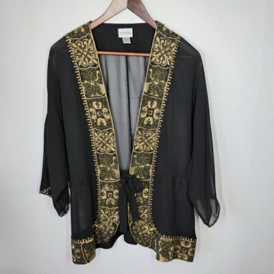 Kimono Chico's Seda Transparente Bordado Para Mujer 2 Grandes Negro Cuentas Boho Artístico Foto 1 de 4