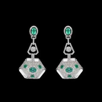 Classic Art Deco Style Green Emerald & White Simulated Sapphires Dangle Earrings - Image 1 of 4
