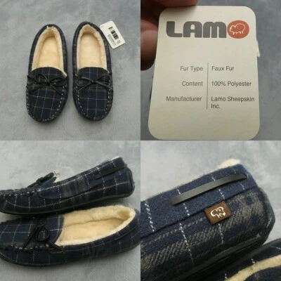 LAMO 莫卡辛拖鞋女式 9 蓝色格子舒适人造毛皮穆勒鞋舒适新品 — 第 1/4 张图片