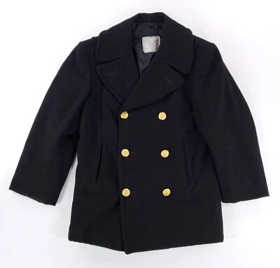 US Navy VTG Pea Coat Blue Wool Gold Buttons Double Breasted Mens 34S - Image 1 of 4