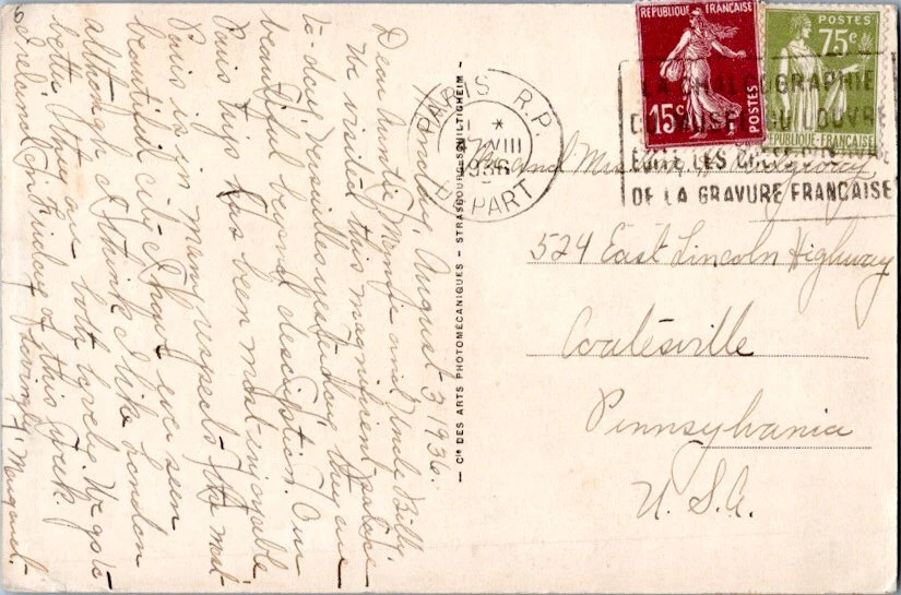 Francia 15c Sembrador y 75c Paz con Rama de Olivo 1936 París R.P., Salida PPC a Foto 1 de 1