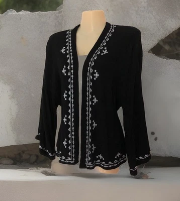 Lightweight Gauzy Jacket Size Medium Crinkled Black Embroidered 3/4 Sleeve Top - Image 1 of 4
