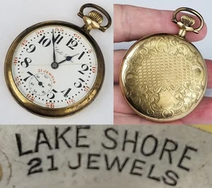 Reloj Bolsillo Antiguo Raro 21 JEWEL "Lake Shore" Monitor 14k Estuche Chapado - Imagen 1 de 14