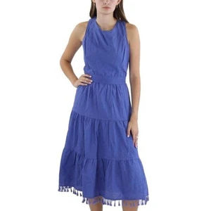 TAHARI ASL Pockets 100% Cotton Floral Crochet Dress Blue Violet Tassel Hem Sz 6 - Picture 1 of 12