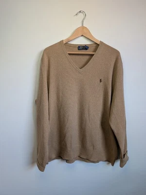 Polo Ralph Lauren Para Hombres XL 100% Lana Merino Cuello en V Suéter Bronceado Diseñador Preppy Foto 1 de 4