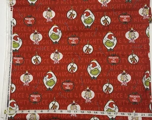 NEW cotton fabric half yard - Christmas Grinch Naughty Or Nice Red Background - Picture 1 of 2