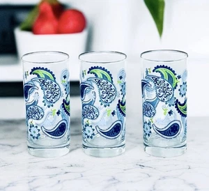 3 Vintage Libbey Crisa Paisley blau limettengrün Retro Diner 16 Unzen Glas Becher NEU - Bild 1 von 9