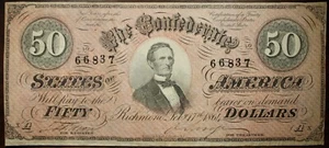 1864 $50 Confederate States Of America Currency T66 R.4 CR500 AU Condition P70 - Picture 1 of 2