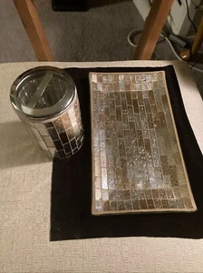 Mosaic Glass Moroccan Tile Home Decor Metallic Teeth 4”T Brush Holder & 9x5 Tray - Picture 1 of 6