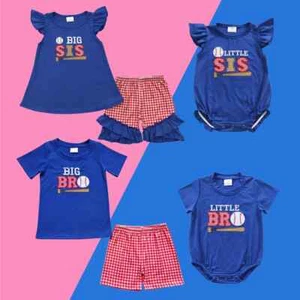 Sibling Sister Brother Embroidery Baseball Shorts Set Romper - Picture 1 of 9