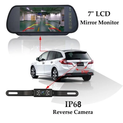 Car 7" Rear View Mirror Monitor Reversing Camera 9 LED License Plate Nightvision - Image 1 of 4
