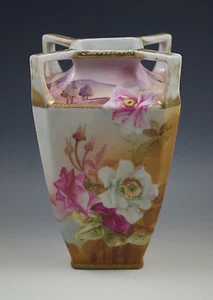 ANTIQUE NIPPON SQUARE 4 HANDLES VASE, ROSES -MAPLE LEAF MARK - Picture 1 of 7