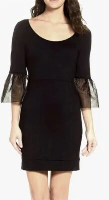 French Connection Women's Mesh Lula Stretch Bell Sleeve Mini Dress Black 6 Nwt - Image 1 of 4