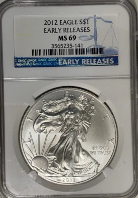 American Silver Eagle 2012 $1 NGC MS 69 Silver Eagle lanzamientos tempranos etiqueta azul Foto 1 de 4