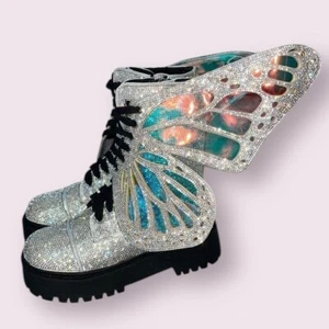 New Dolls Kill Club Exx Rhinestone Butterfly Combat Boots Fairycore Festival 5 - Picture 1 of 11