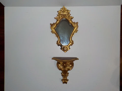 VINTAGE FLORENTIA ORNATE GOLD LEAF PLASTER CARVED WALL MIRROR & SHELF ITALY Cover