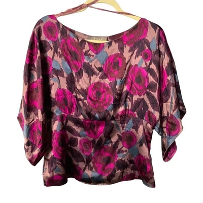 Blusa de seda Kenar para mujer talla grande abstracta floral top rosa marrón detalle de botones Foto 1 de 4