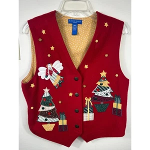 De Colección Karen Scott Deporte Árbol de Navidad Chaleco Para Mujer S Fieltro Feo Suéter Casa de Campo - Imagen 1 de 16