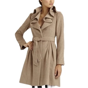 Rebecca Taylor | Women’s Oversized Ruffle Collar Wool Tan Brown Trench Pea Coat - Picture 1 of 11