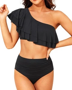 Women Black Two Piece High Waisted Bikini Set One Shoulder Ruffle Bathing Sui... - Picture 1 of 6