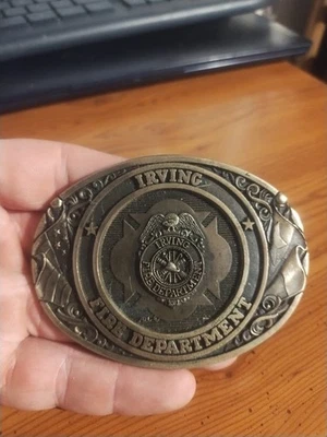 Solid Brass Vintage firefighter Belt Buckle Irving Fire Department Made In USA - Image 1 of 4