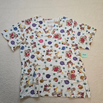 Blusa esfoliante feminina SB Scrubs tamanho G Natal renas bolsos gola V usada - Imagem 1 de 4