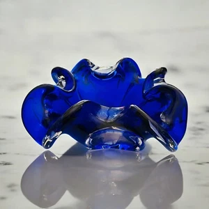 Murano Handblown Bullicante Flower Bowl/Ashtray Trinket Cobalt +Clear Glass 6” - Picture 1 of 5