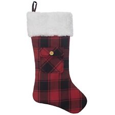 Holiday Time Red Plaid Stocking with White Sherpa Cuff & Pocket, 20"