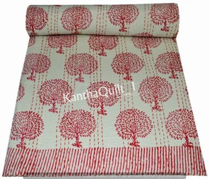 Indian Hand Block Print Kantha Quilt Bedspread Bedding Blanket Throw Cotton Art - Picture 1 of 5
