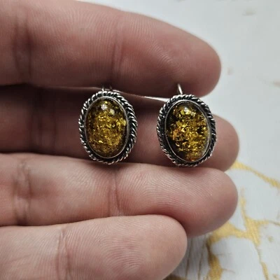 Stunning Vintage Sterling Silver Yellow Amber Earrings French Hooks - Image 1 of 3