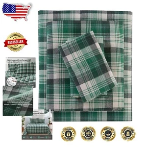 Deep Pocket Cotton Flannel Twin Sheets Set in Rustic Green Plaid Print - Picture 1 of 10