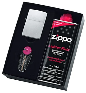 NEW Zippo #205 Satin Chrome Lighter with 125ml Fluids & Flints Gift Boxed - Picture 1 of 4