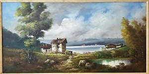 Maravillosa pintura al óleo italiana de paisaje junto al lago firmada por un artista de mediados de siglo - Imagen 1 de 11