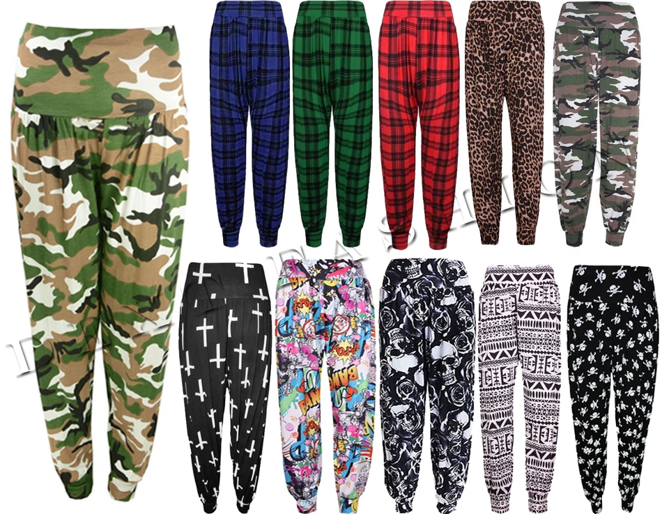 WOMENS HAREEM ALI BABA CAMOU/AZTEC/SKULL/TARTAN/COMIC FULL LENGTH BAGGY TROUSERS - Image 1 of 1