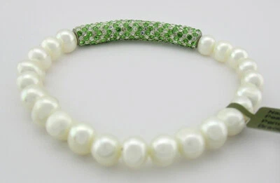 GENUINE PEARLS & PERIDOTS STRETCH BRACELET - Band New With Tag - Image 1 of 3