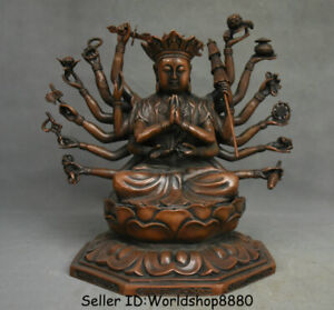 12" Old Tibet Buddhism Red Copper 18 Hands Maha Cundi Mother Buddha Lotus Statue