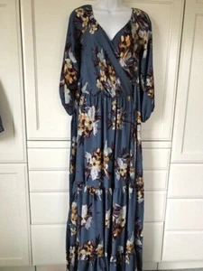 VA VA VOOM Dress Maxi Tiered Bluish Purple Floral Faux Wrap Top Empire Waist Tie - Picture 1 of 9