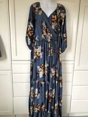 VA VA VOOM Dress Maxi Tiered Bluish Purple Floral Faux Wrap Top Empire Waist Tie - Image 1 of 4