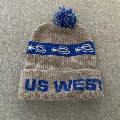 Gorro de punto US West Pom Hat vintage años 80 talla única gris azul gorra RARA leer Foto 1 de 4