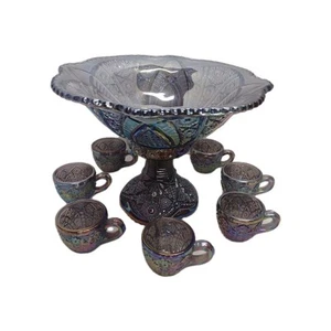 De colección Indiana Carnaval Amatista Pedestal Punch Bowl Set Reliquia Años 50 Juego de 9 Piezas - Imagen 1 de 24