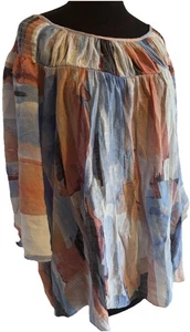 Zac & Rachel Women’s Blouse 3X Blue Pink Gathered Chest Peasant W/ Bell Sleeves - Picture 1 of 15