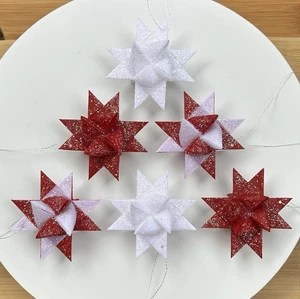 (6) Moravian Star Ornaments 2" Red White Handmade Paper Stars Wax Glitter - Picture 1 of 6