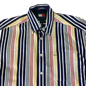Tommy Hilfiger Mens M Vintage 90s Short Sleeve Striped Button Down Cotton Shirt - Picture 1 of 9