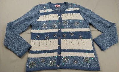 Cárdigan de vacaciones suéter M (8/10) azul brezo cuentas copos de nieve festivo (1082) Foto 1 de 4