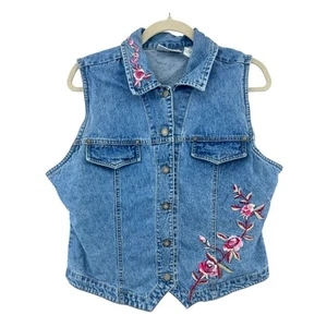 Bill Blass (L) VINTAGE Y2K Blue Denim Pink Floral Embroidered Vest Jean Jacket - Picture 1 of 10