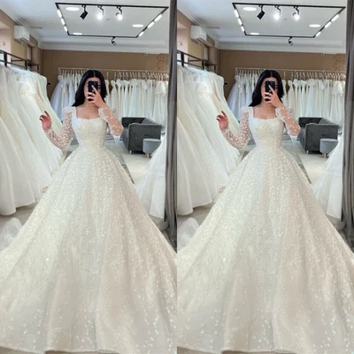 Luxury A-Line Wedding Dresses Square Neck Long Sleeves Lace Sequins Bridal Gowns - Image 1 of 4