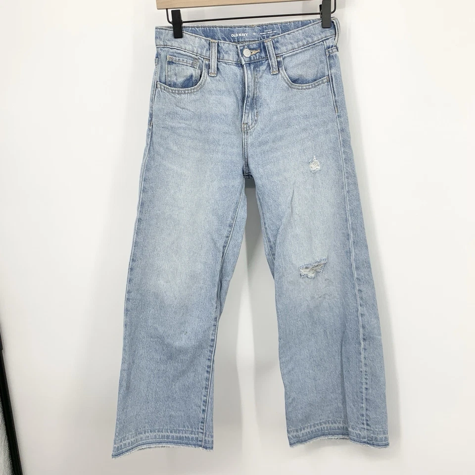 Pantalones de mezclilla viejos azul marino para niños niñas talla 12 lavado ligero desgastados holgados pierna ancha Foto 1 de 4