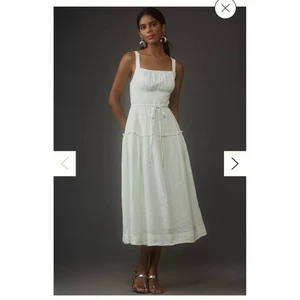 Anthropologie Embroidered Linen Midi Dress Cottagecore Mint XS Square Neck. - Picture 1 of 11