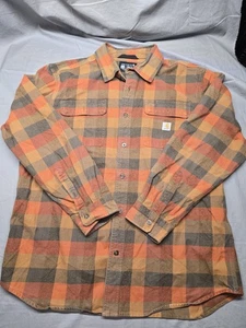 Carhartt Men’s Large Loose Fit Flannel Shirt Brown Orange Plaid 100% Cotton Long - Picture 1 of 7