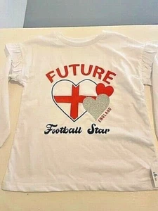 Girls White 'Future England Football Star' T-shirt, long ruffle sleeved. 18M-5Y - Picture 1 of 2